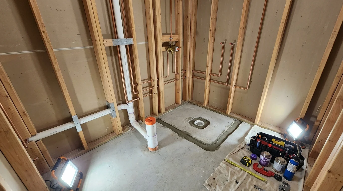Bathroom rough-in plumbing during remodel by Johns Plumbing LLC in Kenai