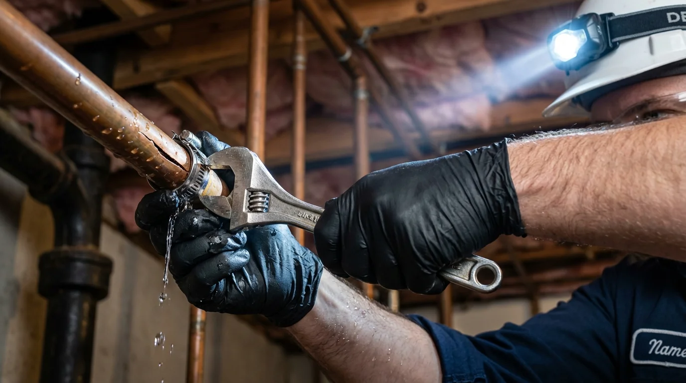 Emergency pipe clamp repair being performed by a Johns Plumbing LLC plumber in Kenai