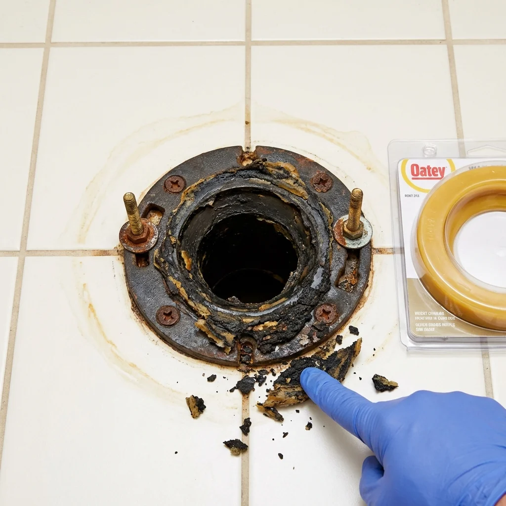Failed wax ring showing water seepage at the base of a toilet in a Kenai, AK home